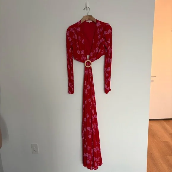 WAYF Womens Maxi Dress Size XS Red Pink Floral Long Sleeve Cutout Deep V - Picture 4 of 10